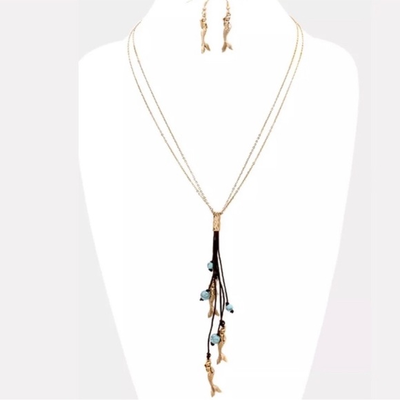 MERMAID leather fringed & Gold Necklace & Earrings Set NWT - Picture 1 of 6